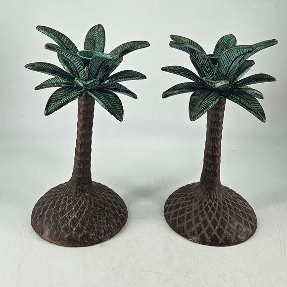 Pair of Tropical Palm Tree Heavy Metal Taper Candle Holders - Picture 1 of 3